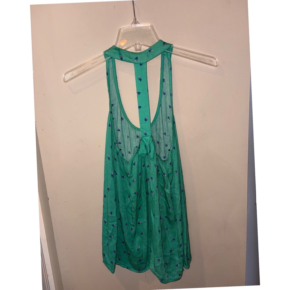 Freebird Teal Green Geometric Print Racerback Tank Top T-Strap Knot Back Rayon